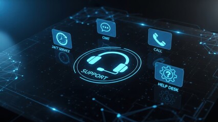 Digital interface showing glowing blue support service icons on dark background.