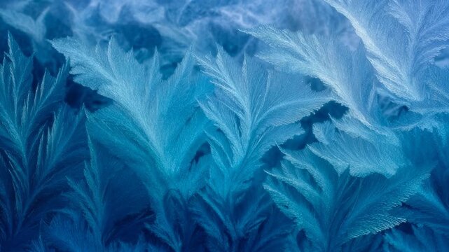 Dense pattern of icy leaves and feathers covering glass surface in cool blue shades representing natural winter ornament perfect texture clip for seasonal promotions product backgrounds and 