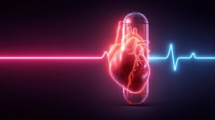 Digital image depicts a glowing human heart inside a translucent capsule, with an animated heartbeat line against a dark background