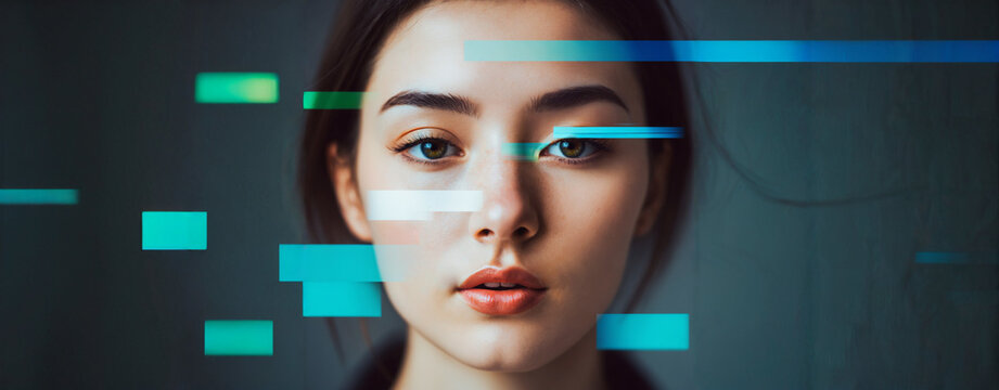 young woman with cyan and green glitch squares over her eyes with themes of digital privacy online surveillance and virtual world anonymity. - Powered by Adobe
