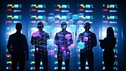 Business professionals observing a glowing digital data cube network in a futuristic server room, representing advanced technology and data management. - Powered by Adobe
