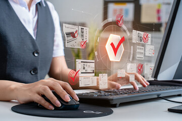 A professional is utilizing a laptop interacting with digital verification interfaces and data visualization signifying quality assurance and technological integration