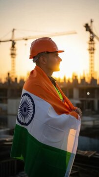 Indian Male Construction Worker in Hard Hat with National Flag at Sunset on Building Site