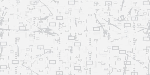 Abstract pattern of interconnected lines and boxes on a white background.