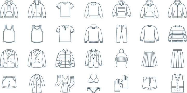  Flat outline vector icon set of various clothing items including shirts, jackets, pants, dresses, underwear, and accessories