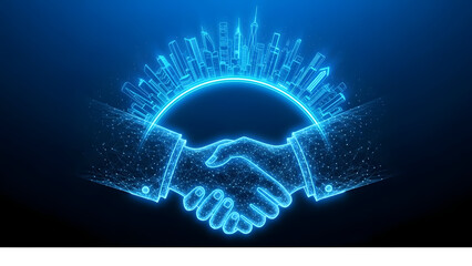 A glowing blue handshake with lines and dots forming a circle around it on a dark background representing partnership and technology