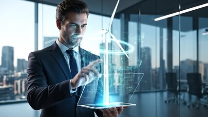 Professional businessman interacting with a holographic wind turbine and digital data on a tablet in a modern office, symbolizing renewable energy innovation and sustainable technology. - Powered by Adobe