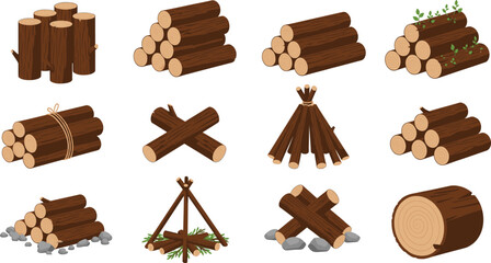 Flat vector illustration set of wooden logs and firewood stacks in different arrangements for camping forestry and nature concepts