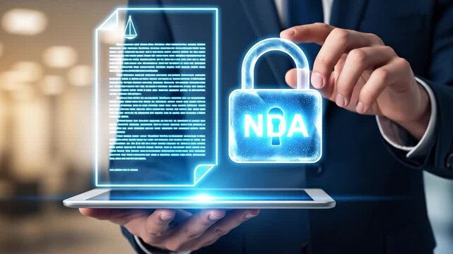 Professional holding tablet with digital Non-Disclosure Agreement document and glowing NDA padlock, symbolizing legal confidentiality and data security.