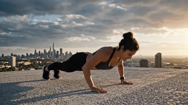 Woman doing push ups on rooftop.