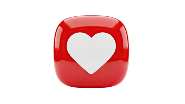 Red glossy cube with a white heart icon on transparent background - Powered by Adobe