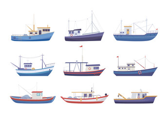 fishing boats. fishery attributes, nautical seafood industry boats isolated on white background. vector cartoon set.