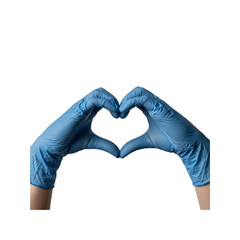 Hands with blue latex gloves make heart