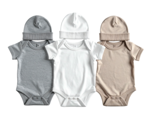 Baby bodysuits/hats gray, white, tan, against black