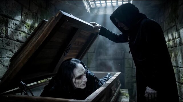 Vampire emerges from coffin in eerie crypt with stone walls