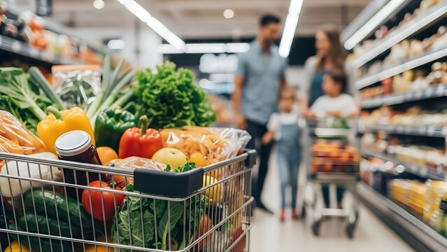 Family shopping for fresh produce at modern grocery store - Powered by Adobe
