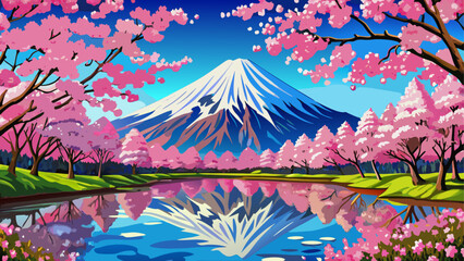 Serene landscape with snowcapped mountain and cherry blossoms