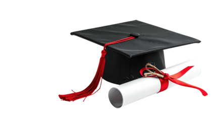 Graduation cap, diploma with red ribbon