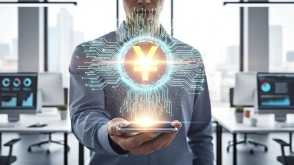 Man holding smartphone displaying glowing digital Yen or Yuan currency symbol with circuit pattern in modern office, representing digital finance and global economy. - Powered by Adobe