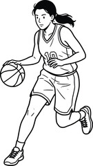 Female basketball player dribbling ball action pose line art vector illustration