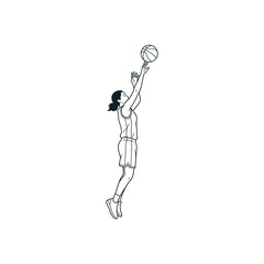 Female basketball player jumping shot action line art vector illustration