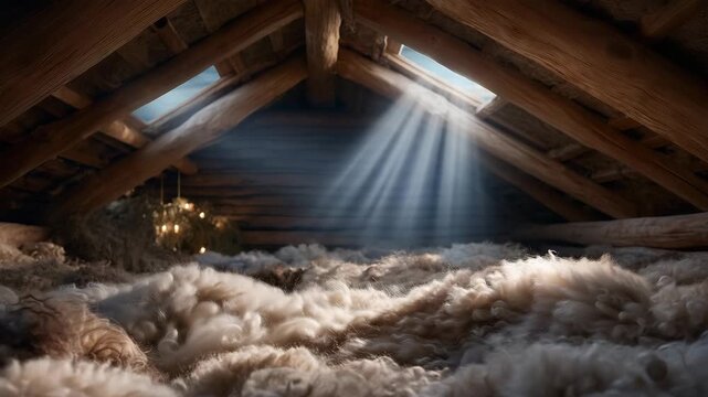 wool drying under wooden attic roof with sunlight streaming through skylight, rustic traditional textile process, warm atmospheric lighting and soft natural