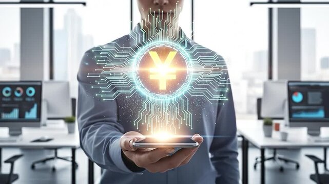 Man holding smartphone displaying glowing digital Yen or Yuan currency symbol with circuit pattern in modern office, representing digital finance and global economy.