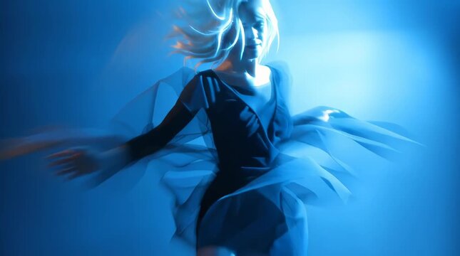 Ethereal slow motion dance of a woman in a flowing blue dress surrounded by dreamy blue light trails emotional expressive footage ideal for fashion branding music videos and artistic promos