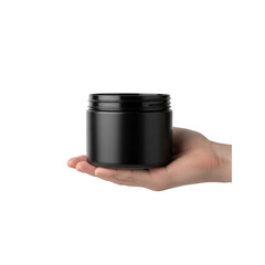 Black cosmetic jar on a hand