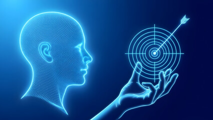 A glowing blue illustration of a human head and hand holding a target with an arrow in it on a dark background
