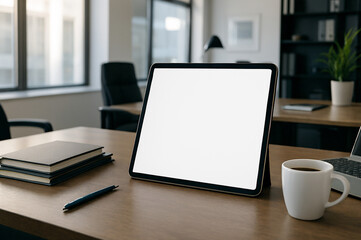 Modern Office Workspace with Digital Tablet, Professional Desk Setup, Business Technology, Sleek Corporate Environment, Minimalistic Productivity Scene