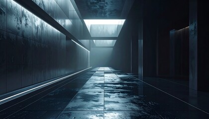 Modern concrete corridor with linear lighting leading into bright distant opening outdoors