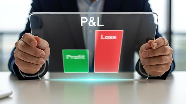 Male professional analyzing financial data on a futuristic transparent tablet displaying profit and loss statement with green profit and grey loss indicators