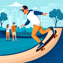skateboarder. man in action pose making stunt on skateboard, urban outdoor extreme activity, performing trick in skatepark. vector concept graphics