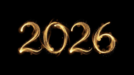 A radiant golden light trail forms the digits 2026, symbolizing a sparkling new year