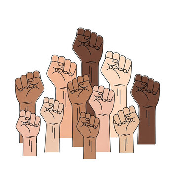 Diverse raised fists symbolizing unity and solidarity isolated on transparent background