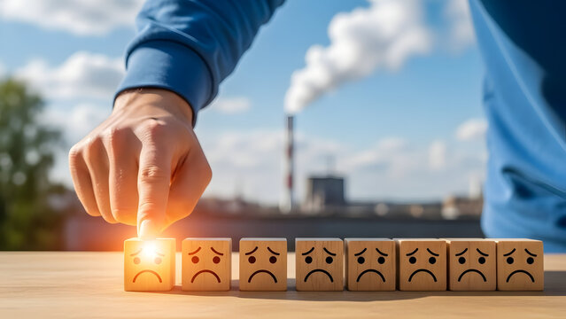 Hand placing a smiling face block among sad face blocks on a table outdoors