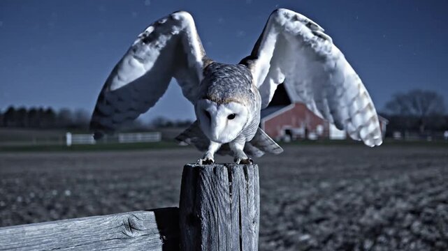 White owl with spread wings perched on a wooden post in a field.
