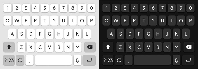 Vector illustration of typing keyboard for mobile phone in light and dark theme colors. Realistic UI mockup or template for modern mobile app