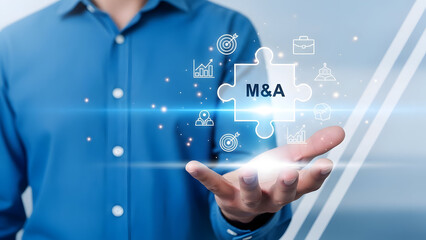 Businessman presenting ma merger and acquisition concept with glowing puzzle piece