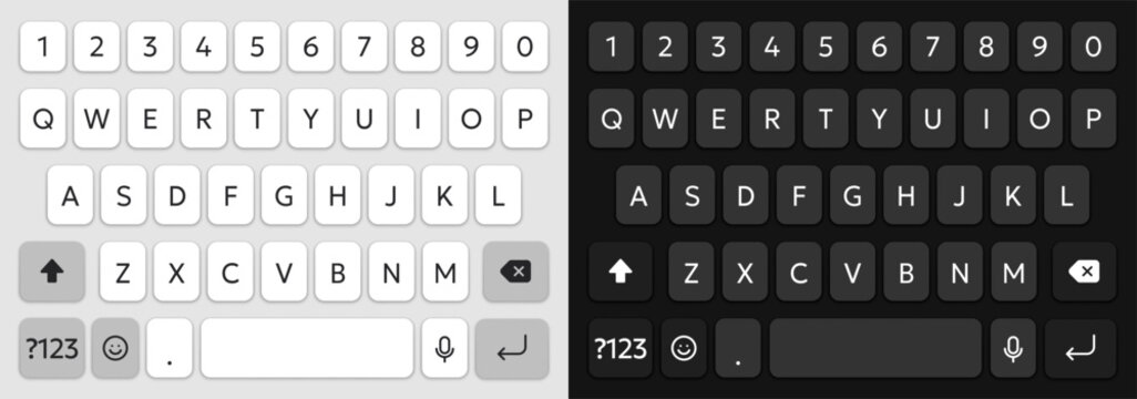 Vector illustration of typing keyboard for mobile phone in light and dark theme colors. Realistic UI mockup or template for modern mobile app