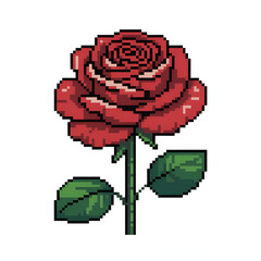 Fototapeta premium Pixel art red rose with green stem and leaves on vactor white background flower floral