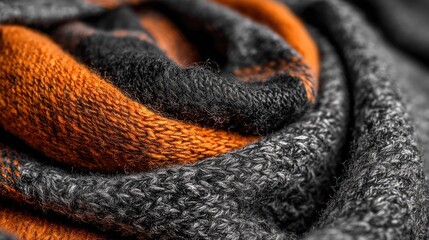 Close up of soft, rolled woolen textile featuring contrasting dark gray and bright orange fibers