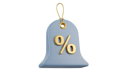 A blue bell shaped ornament with a gold percent sign on it isolated on white background