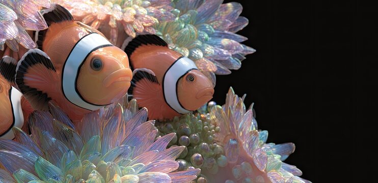 Close up view of vibrant clownfish swimming near a colorful sea anemone