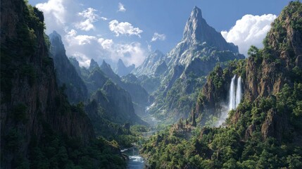 A majestic valley scene featuring towering peaks, waterfalls cascading down verdant slopes, and a river flowing through the lush landscape