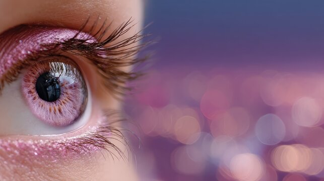 Extreme  captures human eye with vibrant purple makeup against a soft city light background