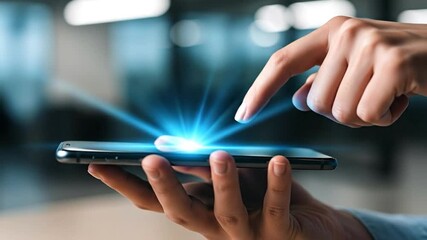 Human hand pressing a glowing blue 'Subscribe' button projected above a modern smartphone, symbolizing online content engagement and digital membership.
