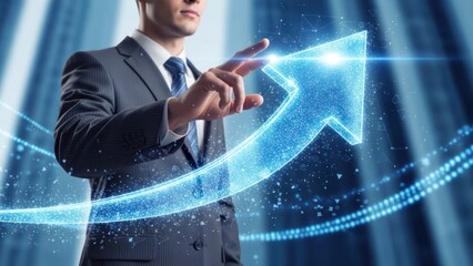 Businessman interacts with glowing blue digital upward trend arrow.