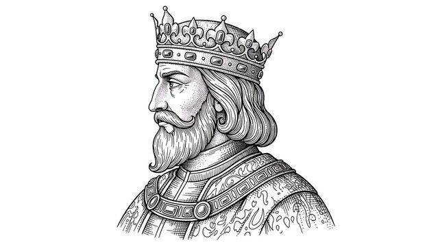 Regal king with crown and beard in medieval attire